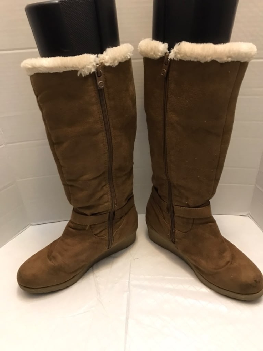 Michael Kors Brown Faux-Suede Shearling-Trim Tall Boots